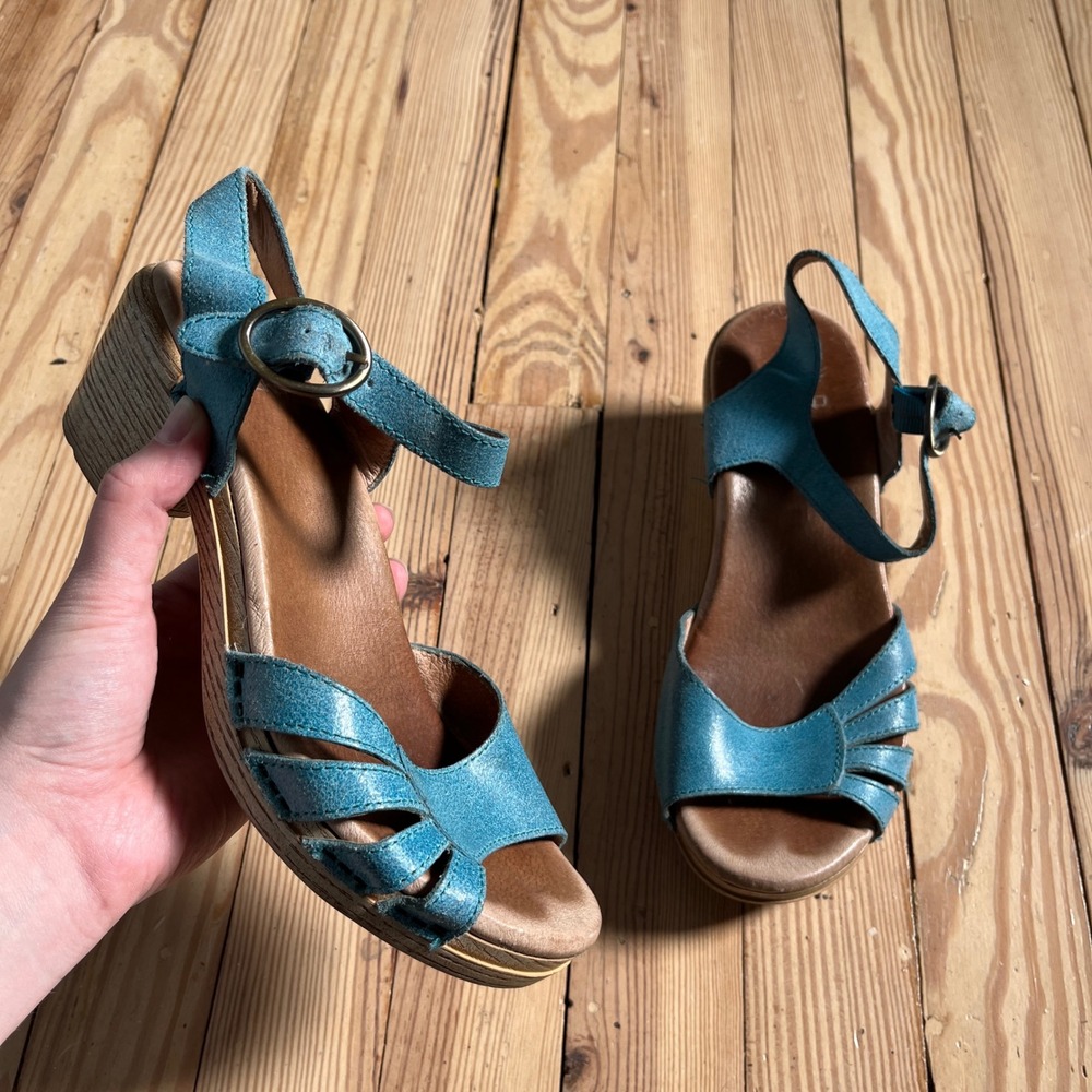 Dansko Thea Clog Sandals Womens 37 Teal Blue Leather Strappy Block Heel Buckle